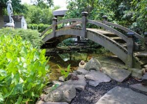 Wooden arched bridge over tranquil garden pond.
