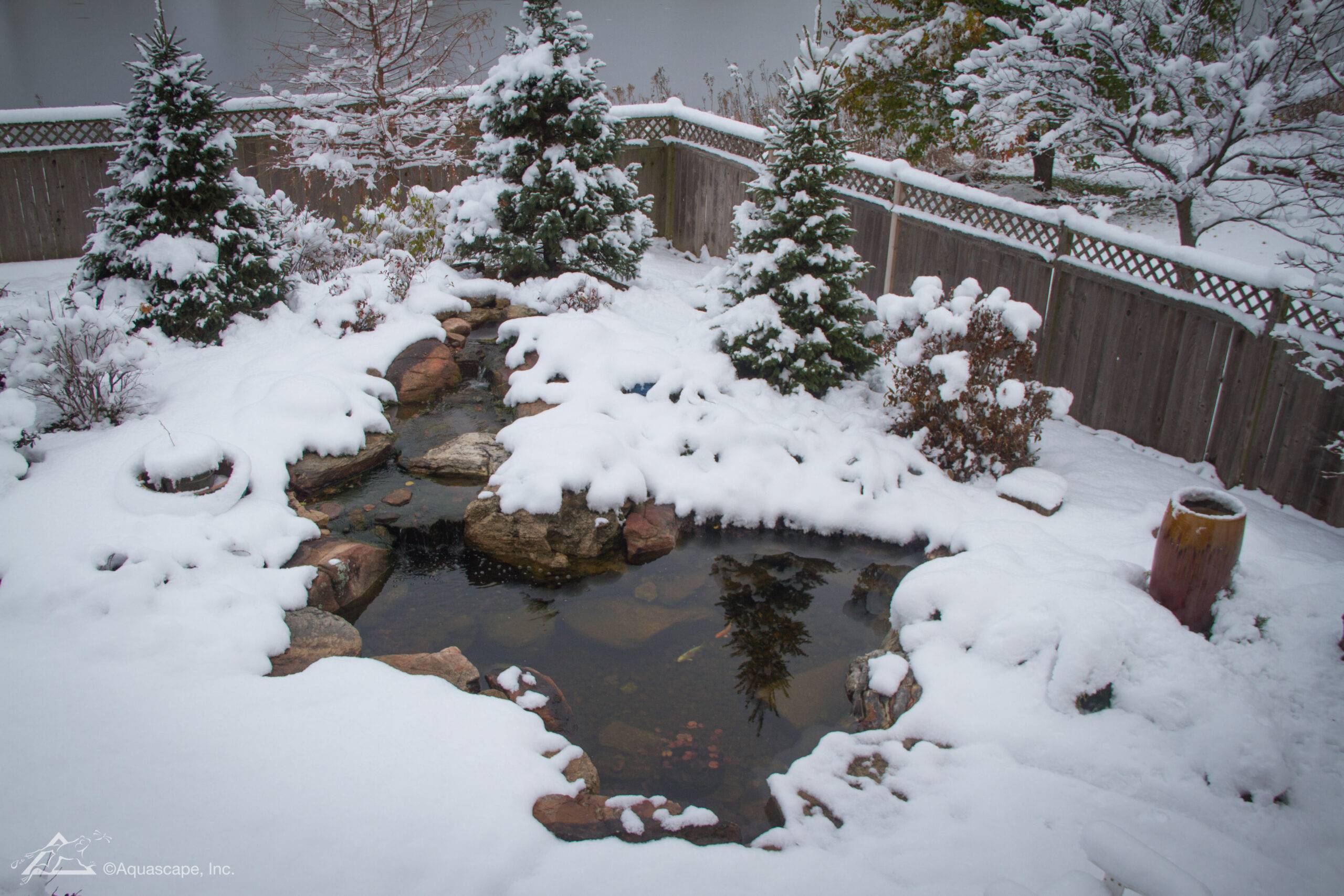 Winter garden pond with fresh snow cover.