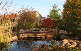 Tranquil backyard pond with autumn foliage and rocks.