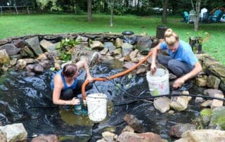 Cleaning backyard pond together.