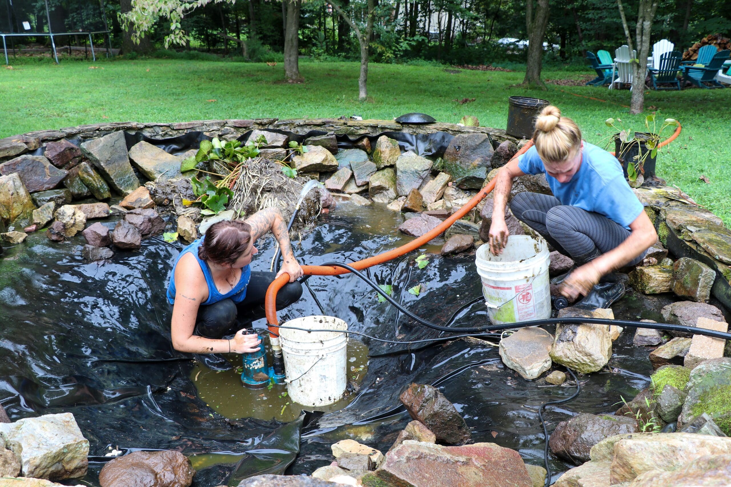 Cleaning backyard pond together.
