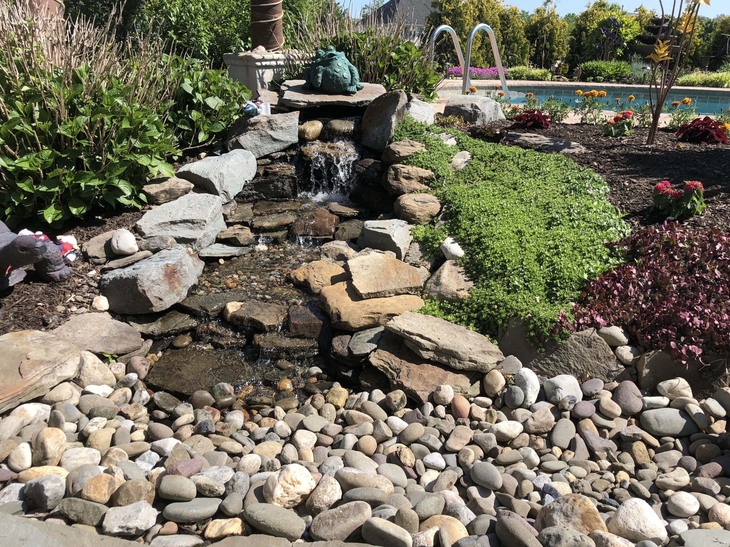 Rock garden with waterfall and plants
